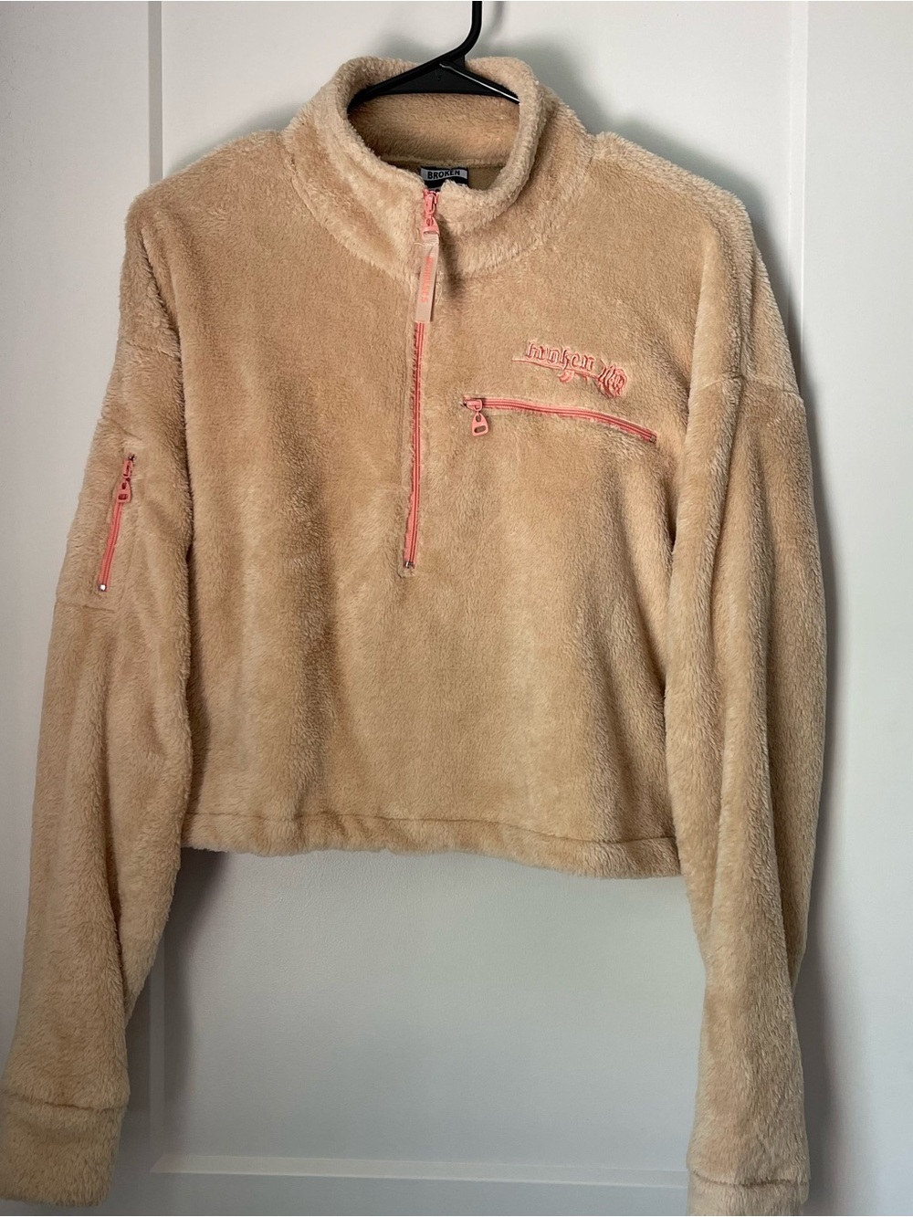 Broken Promises Sherpa Pullover Beige Cropped Fleece Pink Zip Streetwear